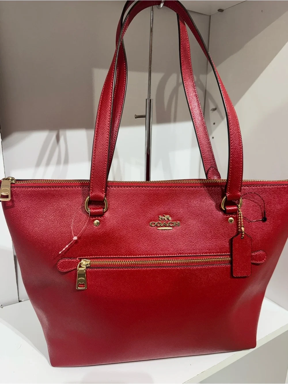Coach Red Leather Tote with Front Zip and Gold Accents